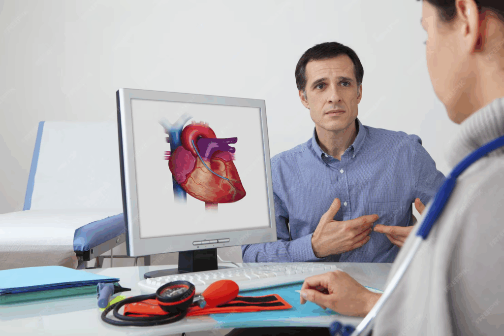 A man sits in a doctor's surgery, pointing to his chest while talking to a healthcare professional. On the computer screen between them is a detailed anatomical image of a human heart.