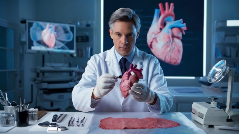A scientist in a lab coat examines a model of a human heart at a laboratory table with tools, anatomical diagrams, and a large heart image displayed on screens in the background.
