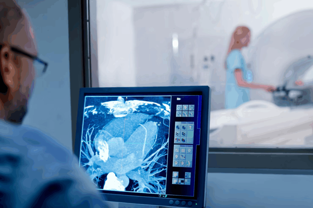 A medical professional observes a monitor displaying a scan image, whilst in the background, a patient lies inside an MRI machine and a technician stands nearby in a hospital setting.