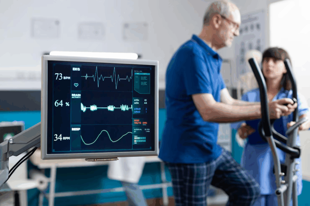 A medical monitor displays heart rate, ECG, and other vital signs as a male patient and a female healthcare professional have a discussion in a clinical setting. The scene suggests a health check or cardiac assessment.