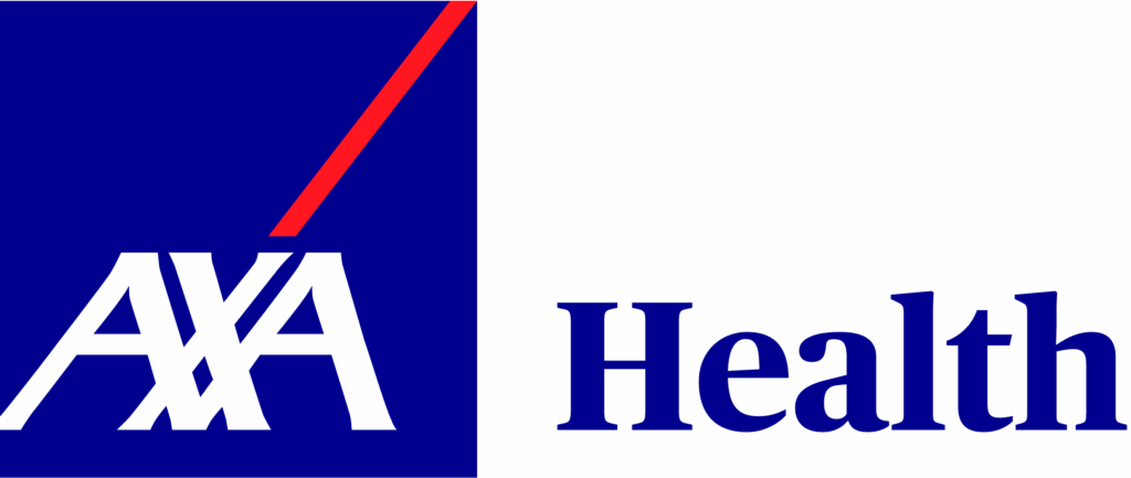 AXA Health logo featuring AXA in white with a red diagonal line above the X, set on a blue background, and the word Health in blue text to the right on a white background.