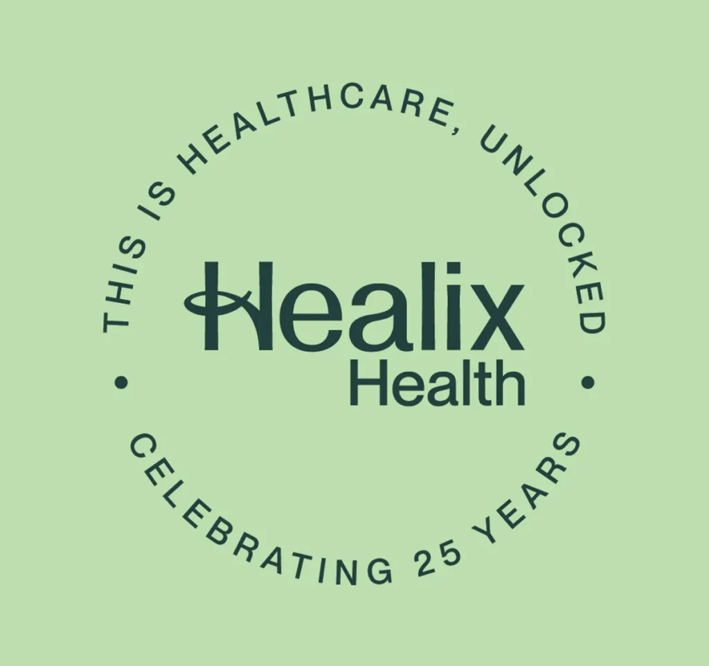 Circular logo with the text THIS IS HEALTHCARE, UNLOCKED and CELEBRATING 25 YEARS around Healix Health in the centre, on a light green background.
