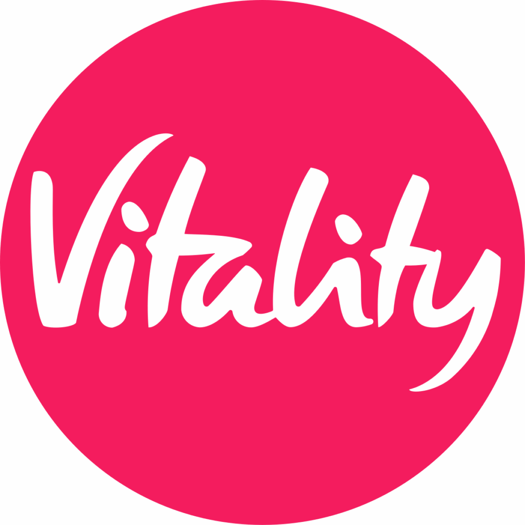 The word Vitality in a bold, white, handwritten-style font centred on a bright pink circular background.