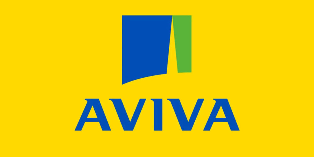 Logo of Aviva featuring a blue and green abstract shape above the word AVIVA in bold blue letters, set against a bright yellow background.