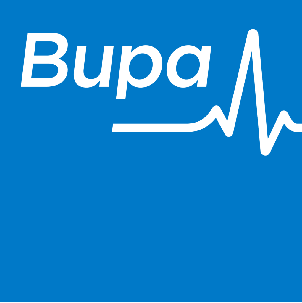 Blue square logo with the word Bupa in white text, followed by a white stylised heart rate line resembling an electrocardiogram, set on a solid blue background.